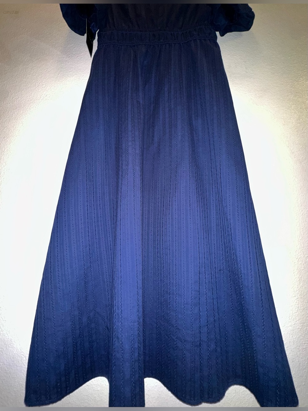 NWT Tahari ASL Navy Smocked Tie Waist Pinstripe Midi Dress Small